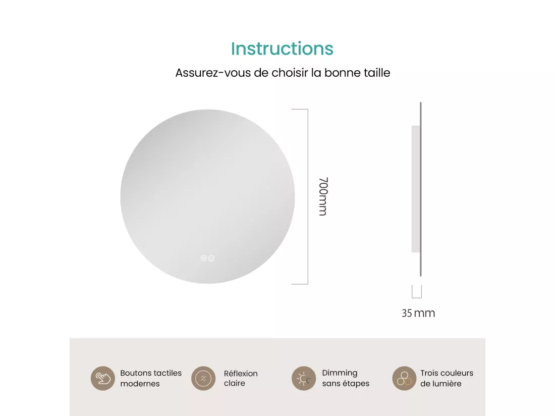 EMKE Miroir lumineux salle de bain rond diamètre 70cm, rétro-éclairage sans cadre, Interrupteur Tactile, Miroir avec éclairage Froide/Neutre/Chaude
