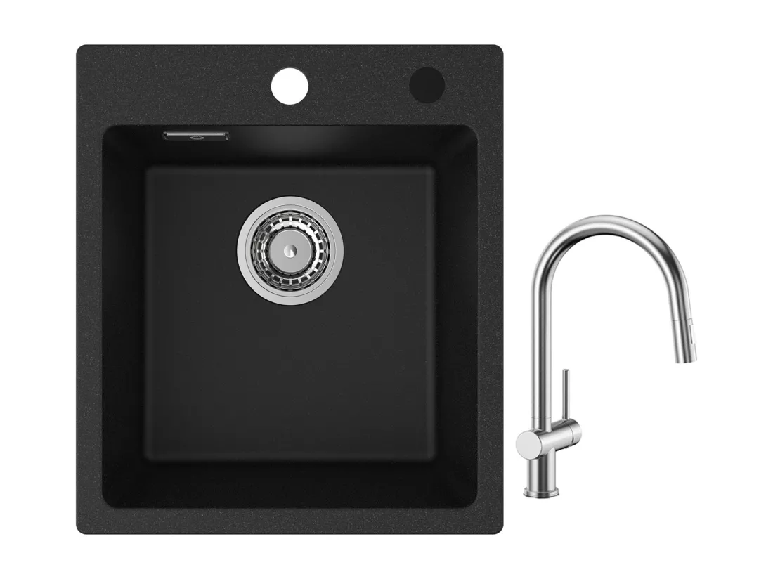 Cecipa max 40x45cm Evier de Cuisine en Quartz et Résine Evier Quartz 1 Bac Noir + Mitigeur de Cuisine avec Douchette Extractible Brossé