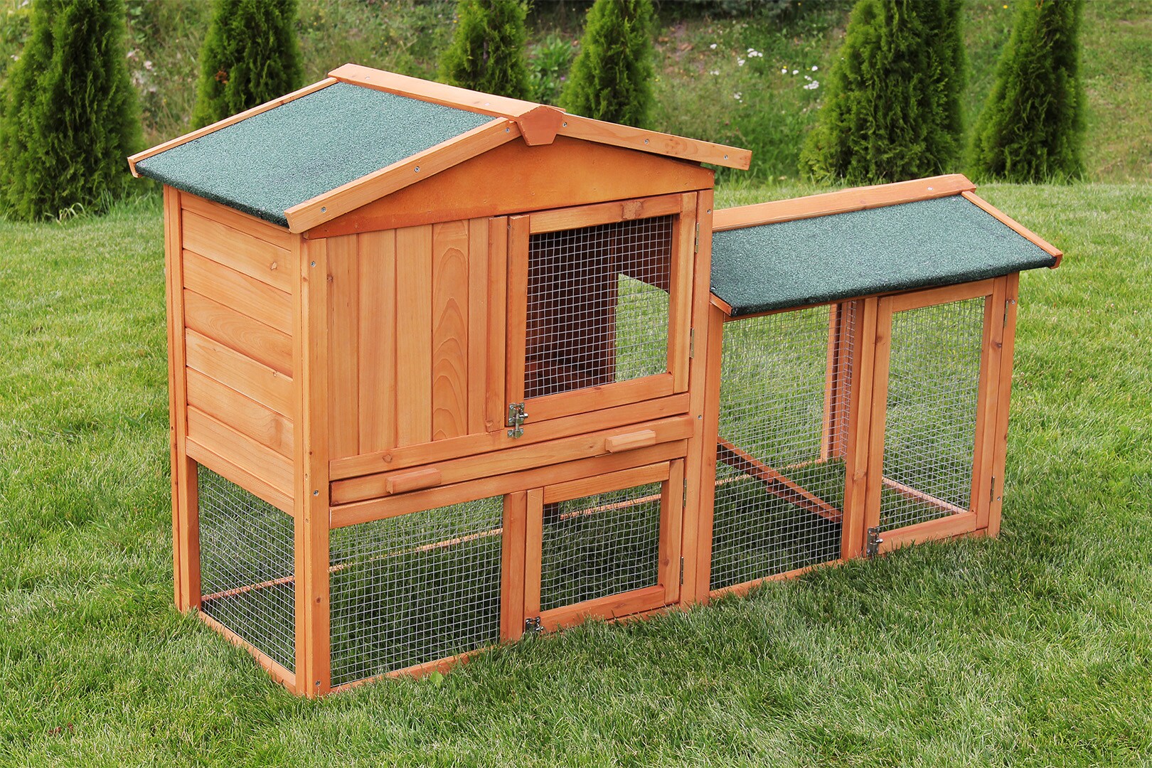 MyAnimal Hasenstall MH-03 Doppelstockhaus mit Garten, Freilauf, abnehmbares Dach, verzinkter Draht (Braun 2.0)