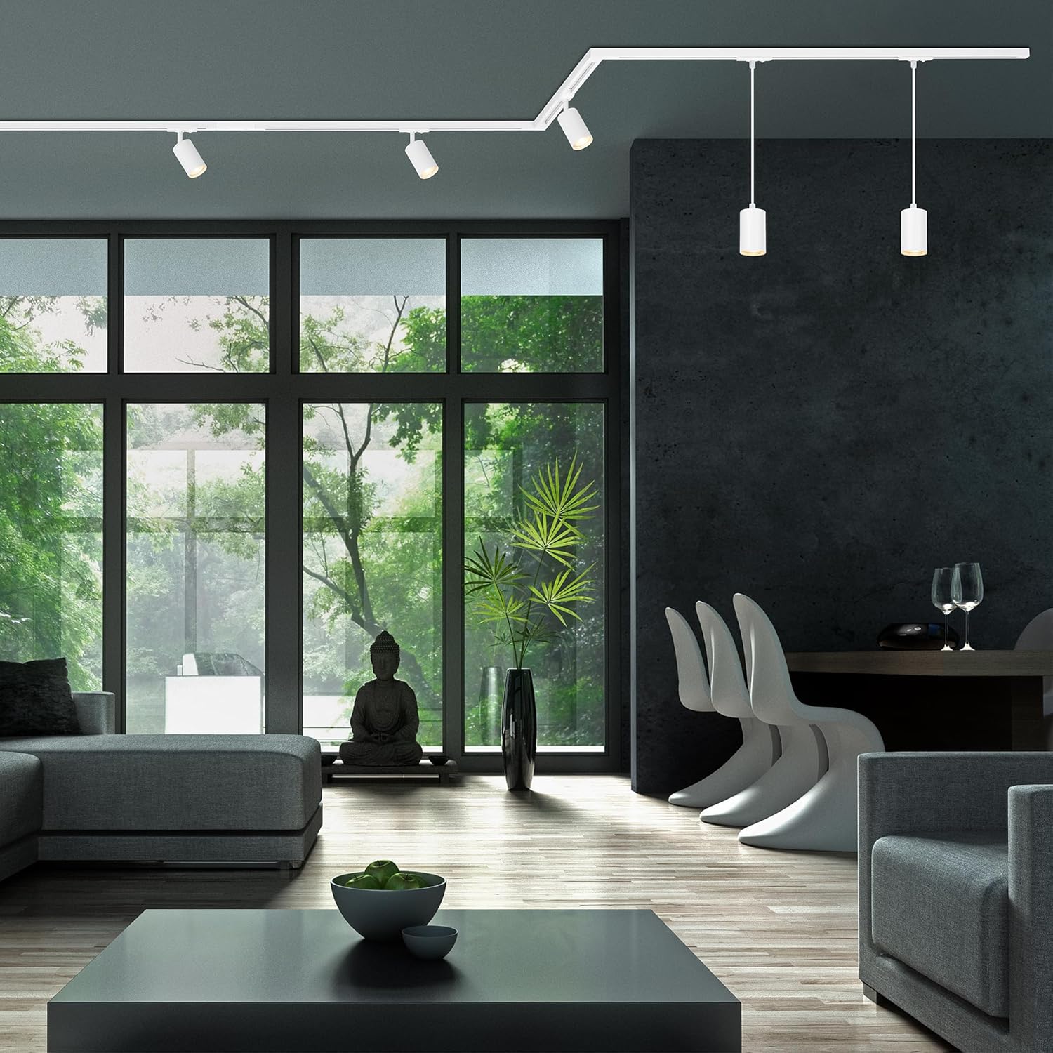 BRILONER - Schienensystem Rail Komplettset, 6x GU10 Spots schwenkbar, 2x GU10 Pendel, Cap-Form/Stairs-Form, Lichtschienensystem Decke, Strahler Schiene, Deckenlampe, Spotlight, 5,25m, Weiß