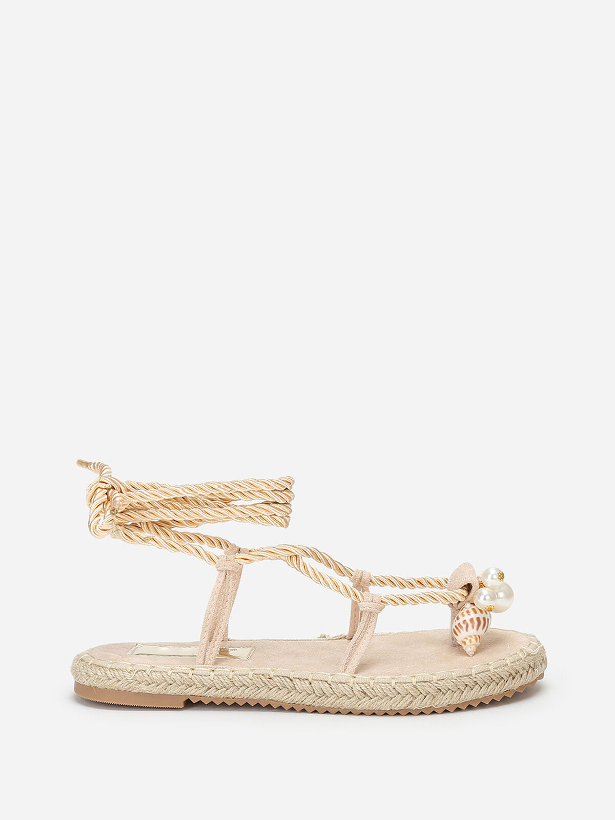 Nu-pieds en suédine à perles et coquillages- Beige