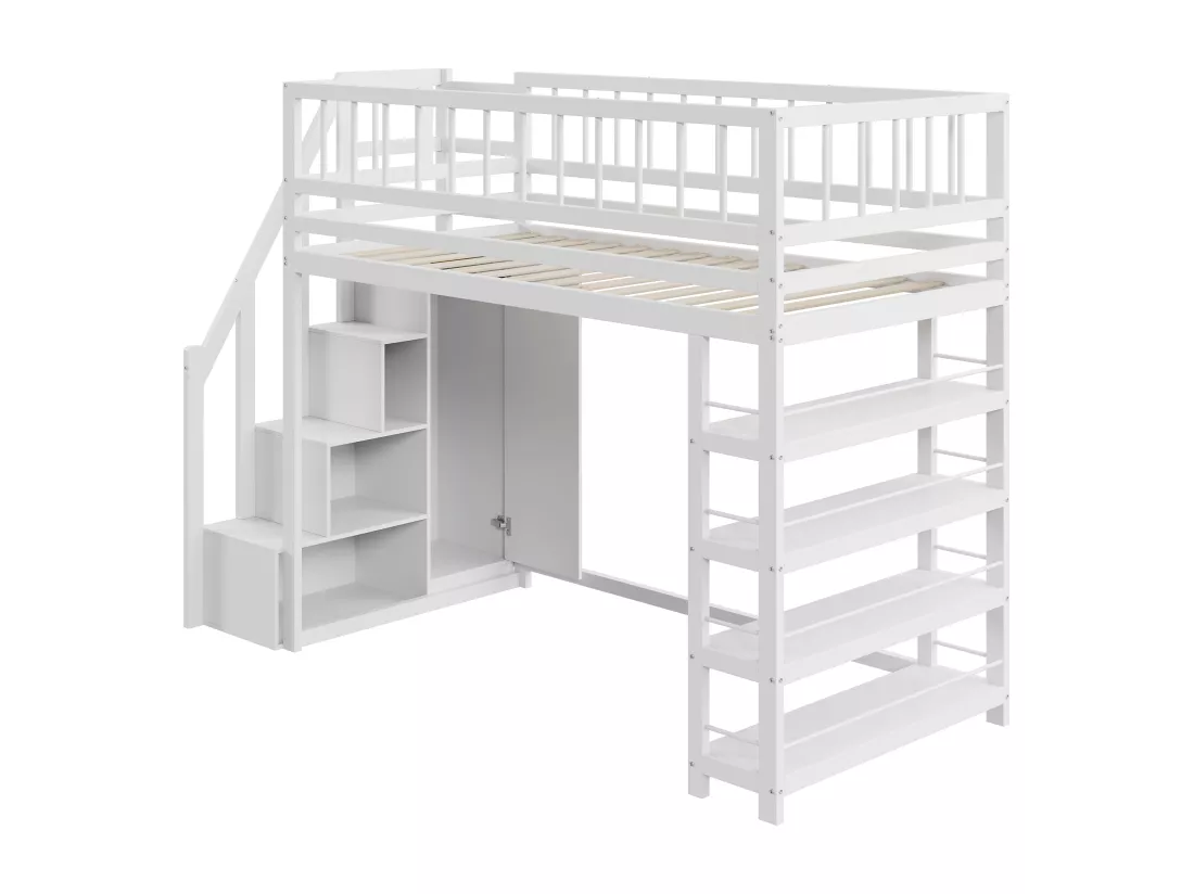 Lits superposés 90 x 200, conception de sécurité haute clôture avec armoire, étagères et rangements, lit en bois massif, blanc