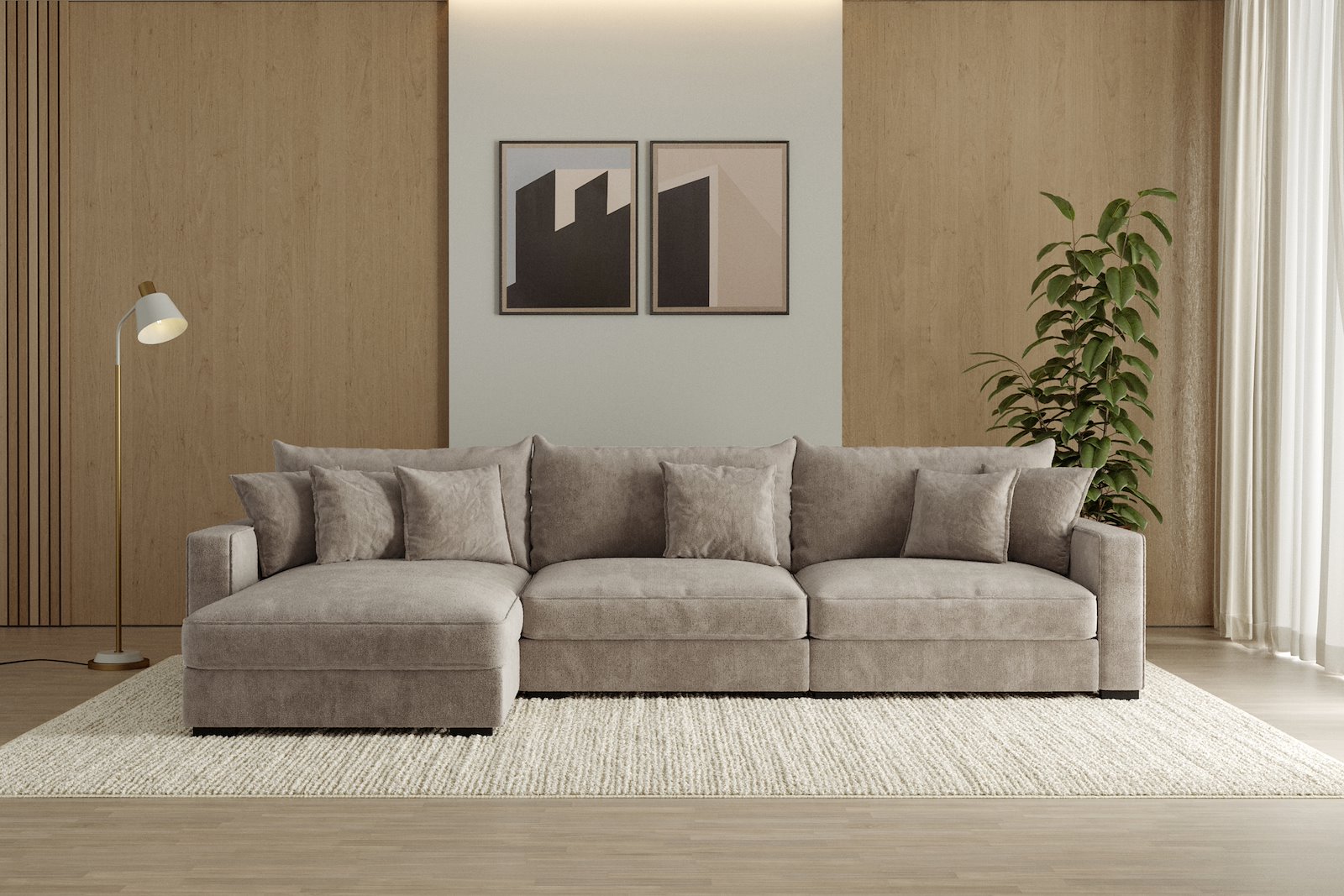 Rossi Lux 3-seter med sjeselong venstre Tekstil Genesis 4 Beige, arm B med sorte ben. Lux Komfort.