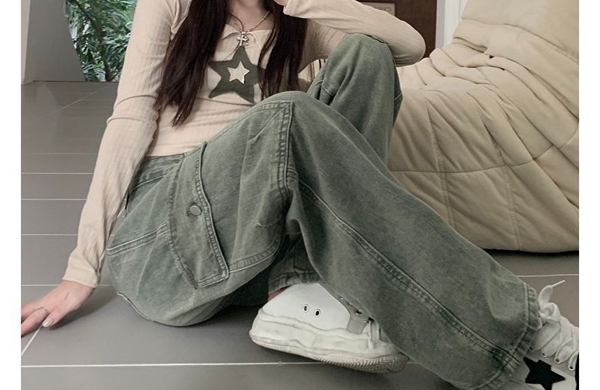 Gilmort - High Waist Washed Wide Leg Cargo Jeans