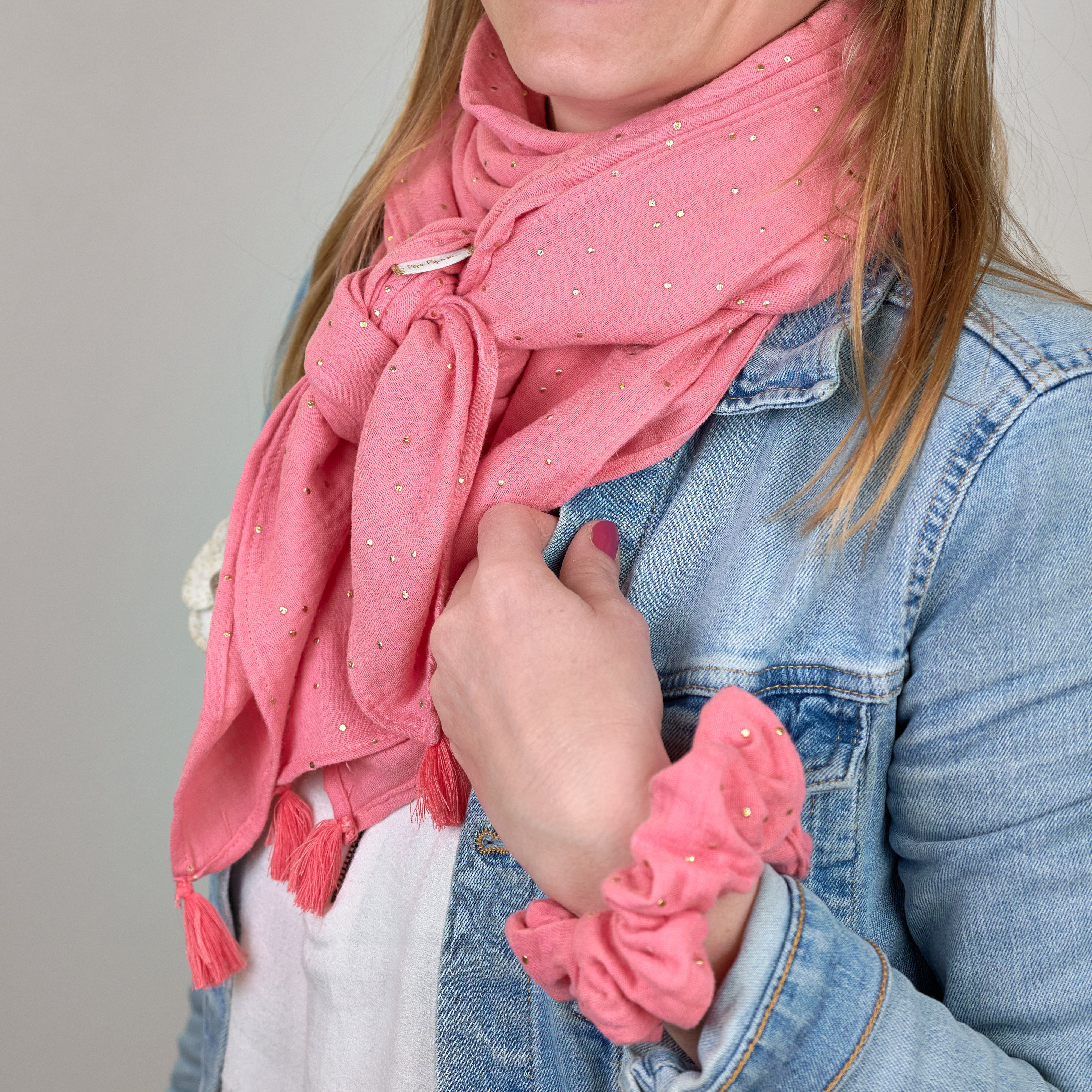 Foulard Pompon Gaze Pois Or Rose Sorbet