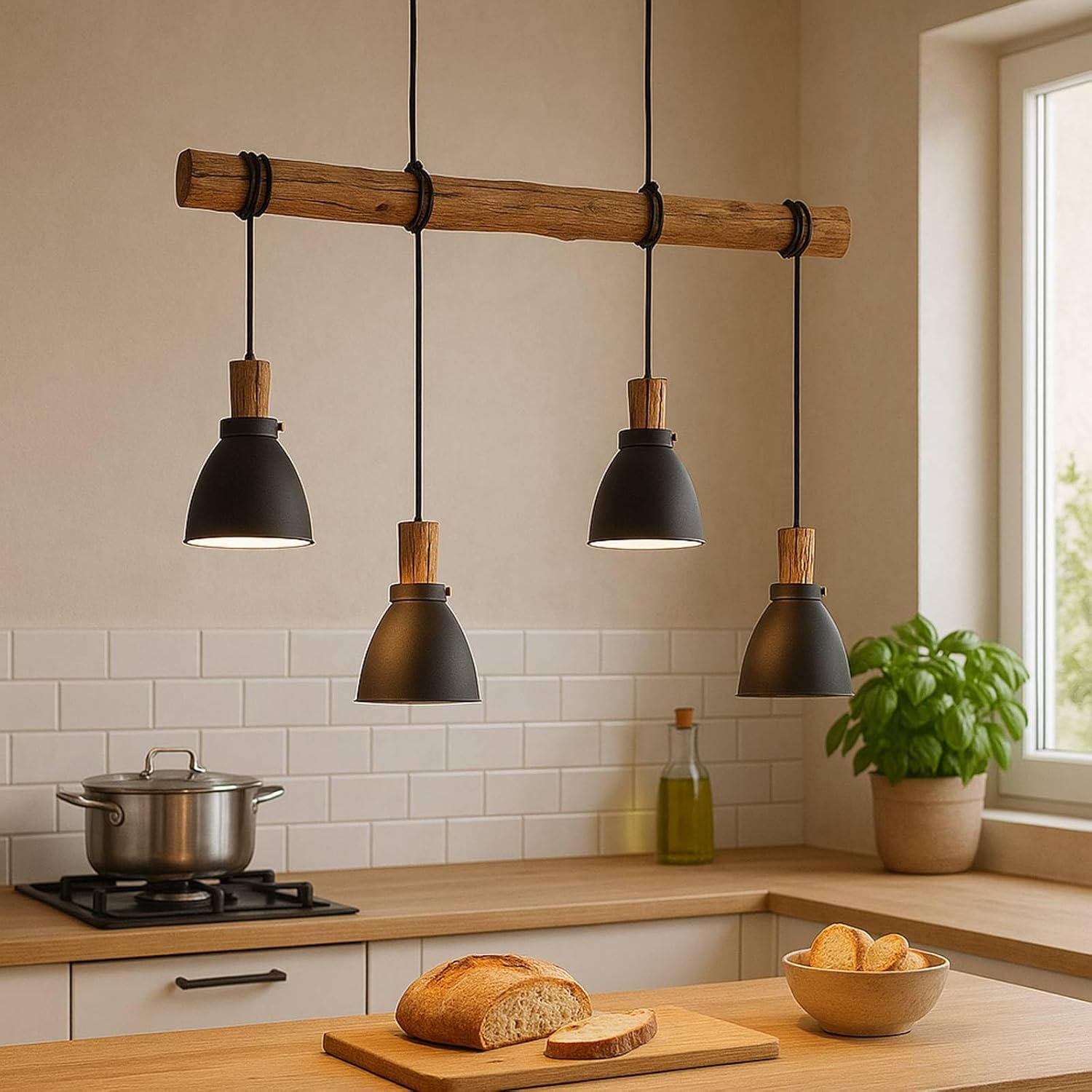 Lindby Esstisch Pendelleuchte Metall Holz, Hängeleuchte Esszimmer 4x E14 max. 8W ohne Leuchtmittel Hängelampe Wohnzimmer Esszimmerlampe Küchenlampe
