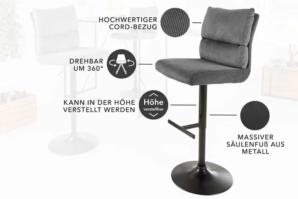 Höhenverstellbarer Barhocker COMFORT grau Cord drehbar mit Lehne Metall schwarz