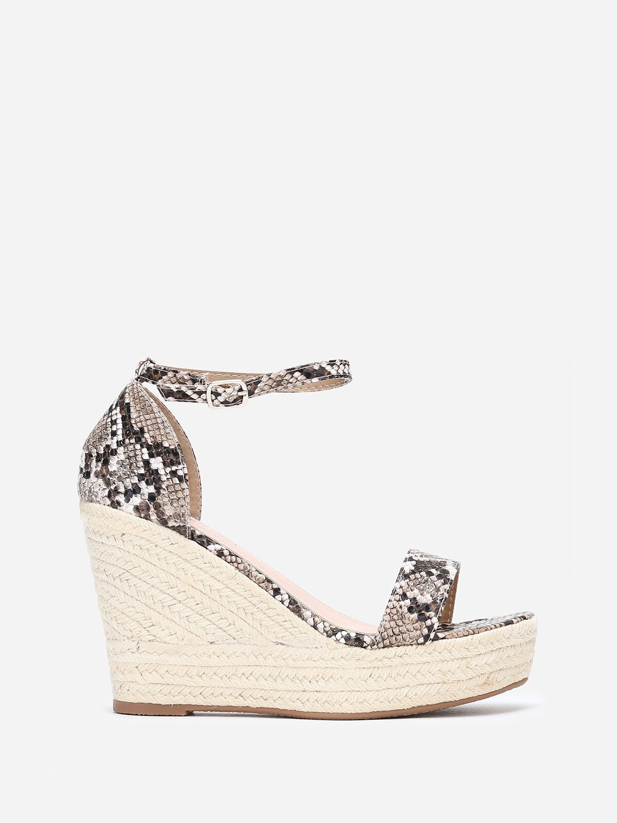 Sandales compensées à motif python- Beige