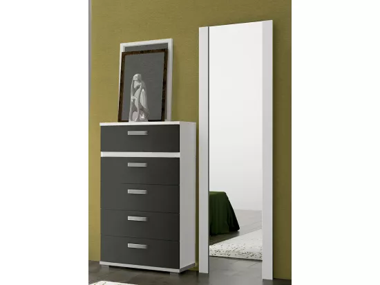 Ensemble chambre à coucher, tête de lit avec LED + 2 tables chevets + chiffonier + miroir mural long coloris blanc/graphite