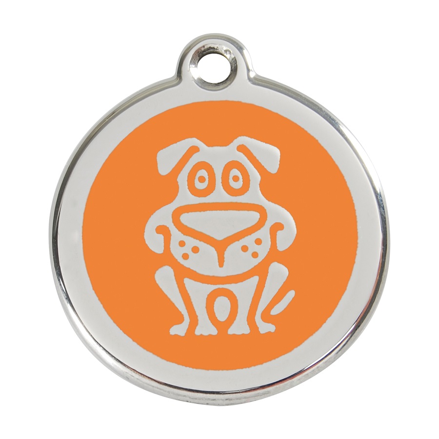 Placa de identificação para cães em aço inoxidável esmaltado, cor laranja.