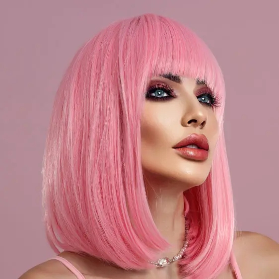 (36cm) Long Bob Perücke mit Pony Fasnacht Kostüm Zubehör Motto Party / Halloween Accessoire inkl. Haarnetz - Pink