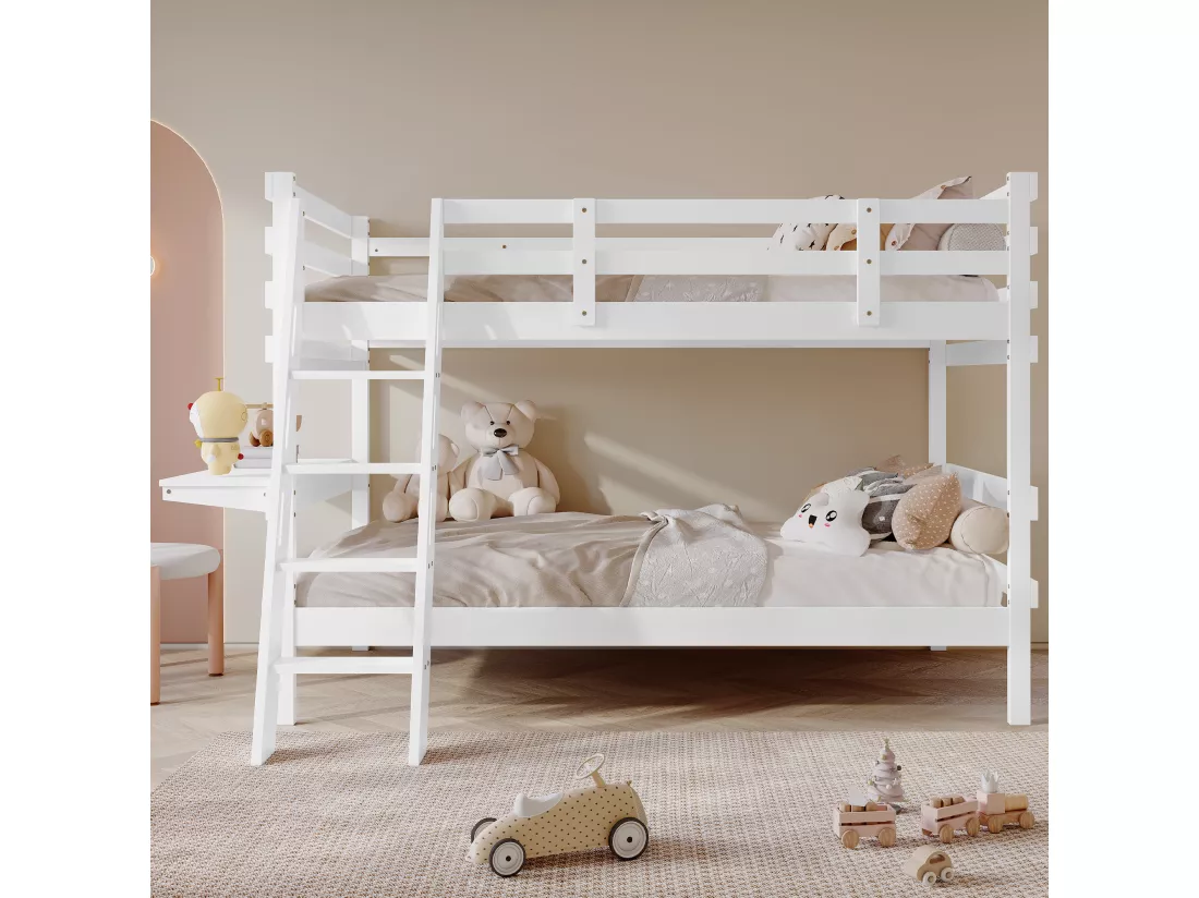 Lits superposés 2 x 90 x 200 cm avec échelle et petit bureau - bois de pin + MDF - blanc (sans matelas)