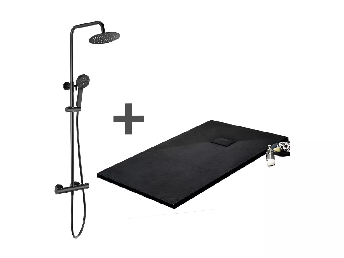 Pack Receveur de douche 90 x 150 cm extra plat noir + Colonne de douche thermostatique noir mat