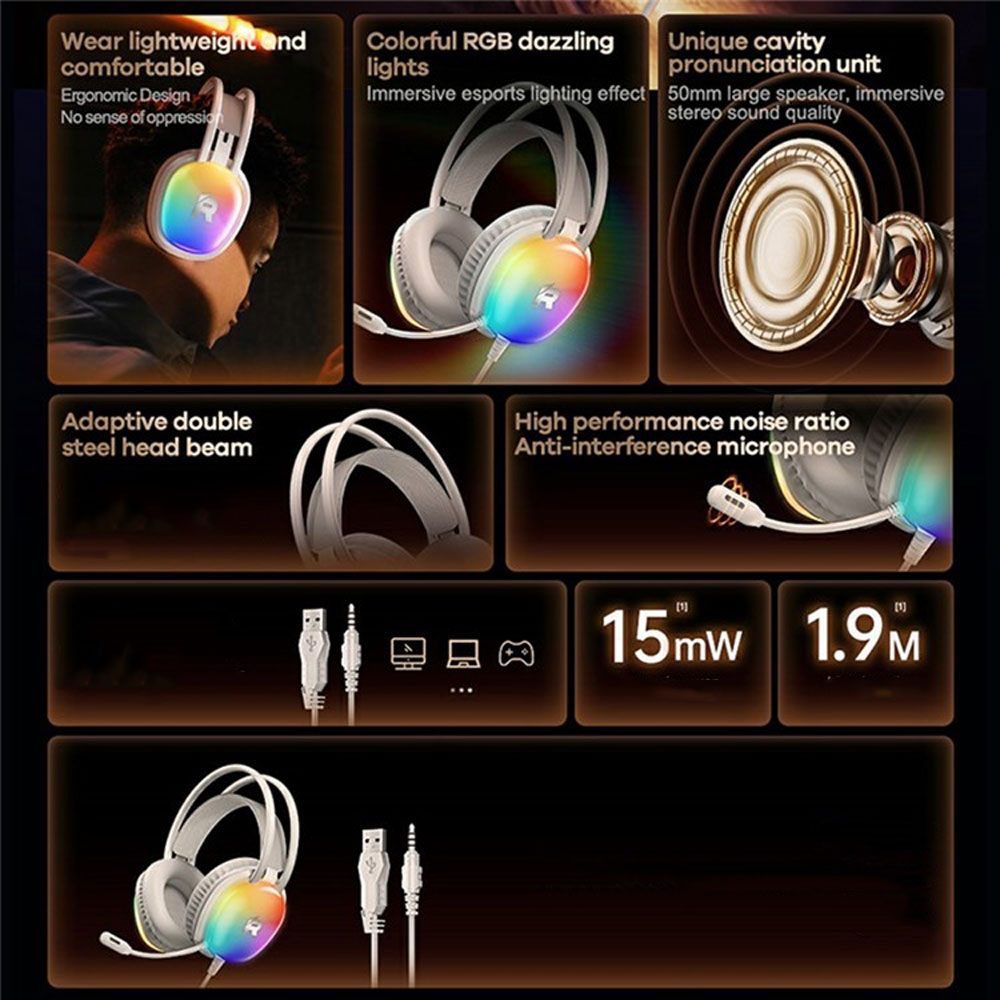 Gaming USB Kopfhörer Over-Ear LED Stereo Headset mit Mikrofon   3.5mm Klinke und RGB Beleuchtung - Weiss