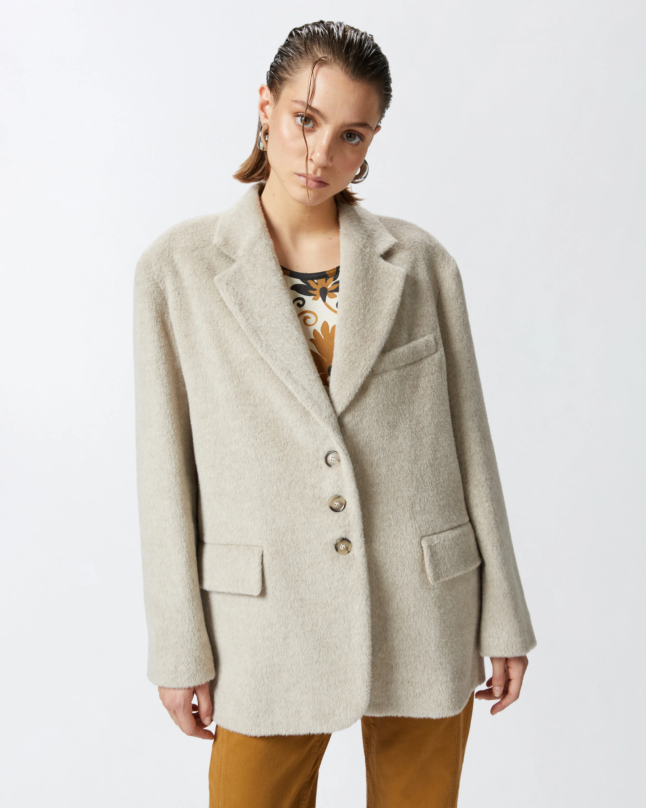 Manteau court en tissu castor à simple boutonnage | Beige