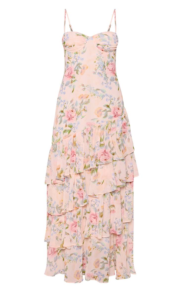 Crème Robe Maxi En Mousseline À Imprimé Floral Avec Ourlet À Volants