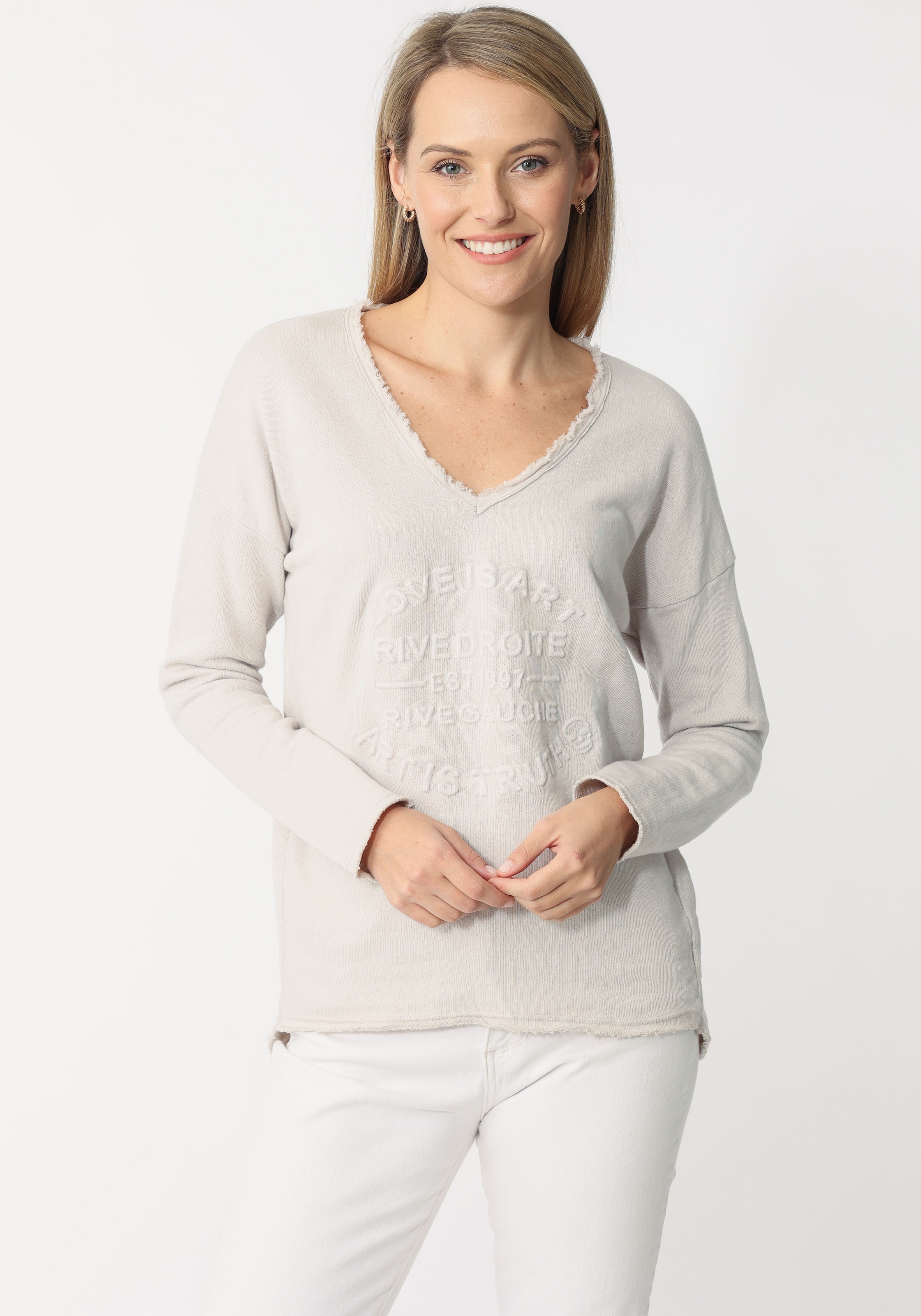Zwillingsherz Sweatshirt , ausgefranster V-Ausschnitt, Vintage Look, Langarm