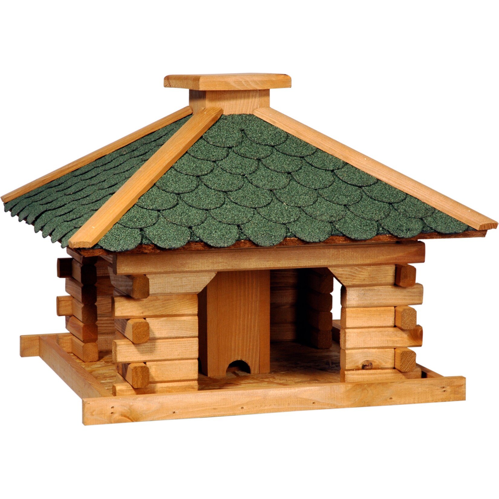 Dobar Rustikales XL-Vogelfutterhaus im Blockhaus-Stil mit grünem Bitumendach, Vogelhaus mit integriertem Futtersilo