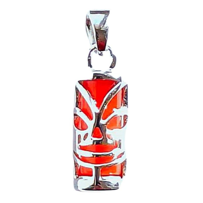 Pendentif petit Tiki Polynésien en agate rouge et argent 1,3cm symbole sagesse + chaîne