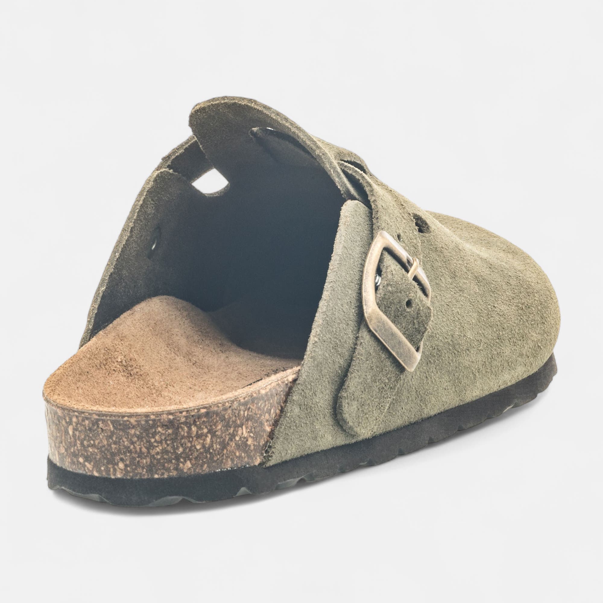 Mules semelle liège Garçon en cuir kaki