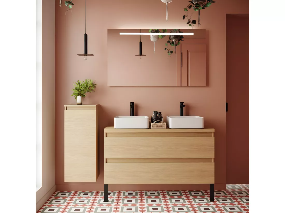 Meuble de salle de bain suspendu 2 vasques à poser 120cm 2 tiroirs Chêne clair - Hudson