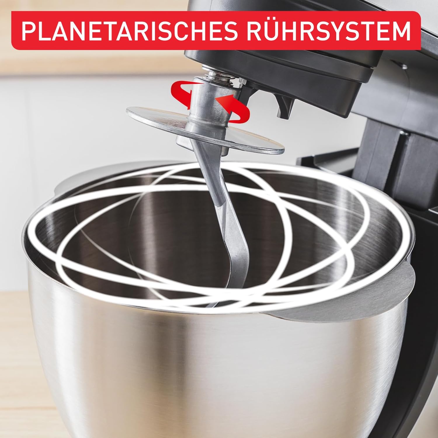 Tefal Bake Partner Küchenmaschine, leistungsstarke 1100 W, inkl. Standmixeraufsatz + Back-Kit, Abschaltautomatik bei Anheben des Armes, planetarisches Rührsystem, 4,6-l-Schüssel, Silber, QB525B38