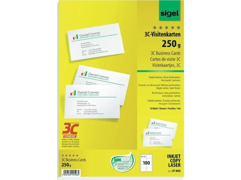 Sigel Business Card 3C LP800 - Skinnende hvid - 85 x 55 mm - 250 g/m² - 100 kort (10 ark x 10) visitkort
