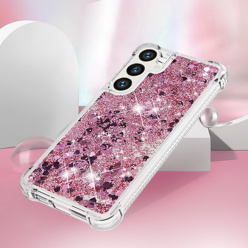 Samsung Galaxy S24  Plus Hardcase Hülle mit Air Cushion Fallschutz Liquid Case Glitzer Herzen - Pink / Transparent
