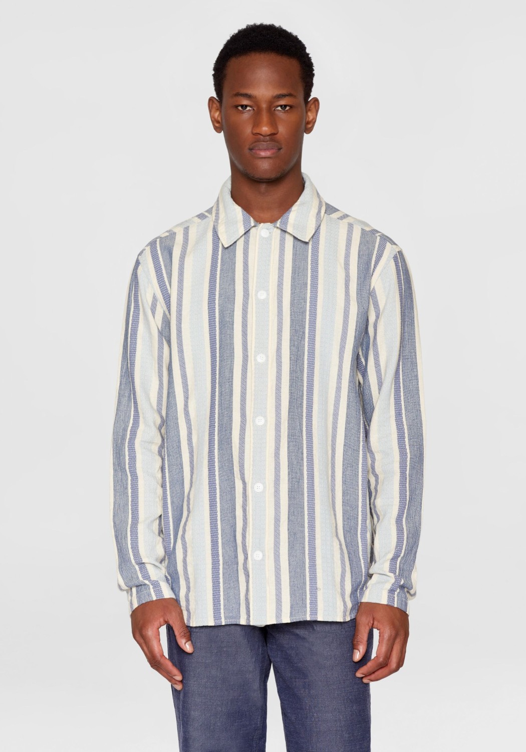 Knowledge Cotton Apparel Hemd Loose Jacquard Woven Striped Shirt Blue Stripe