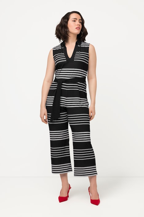 Jumpsuit, Streifen, Hemdkragen, weites Bein, ärmellos