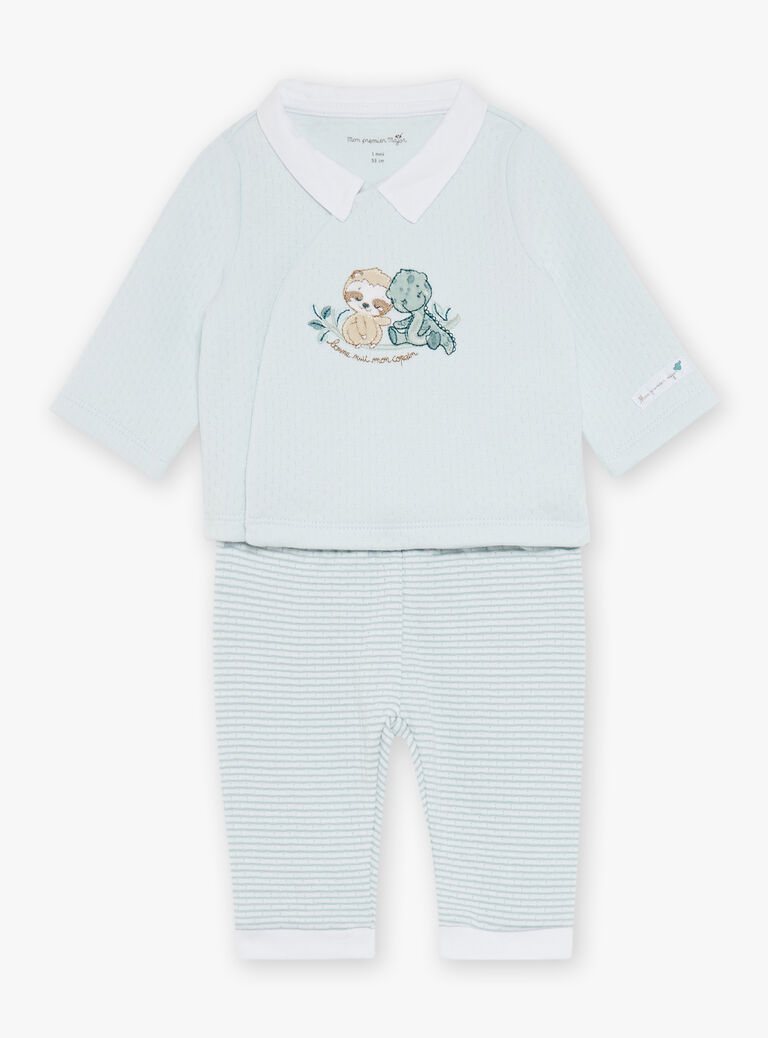 Ensemble haut bleu ciel et pantalon écru Crocodile et Paresseux