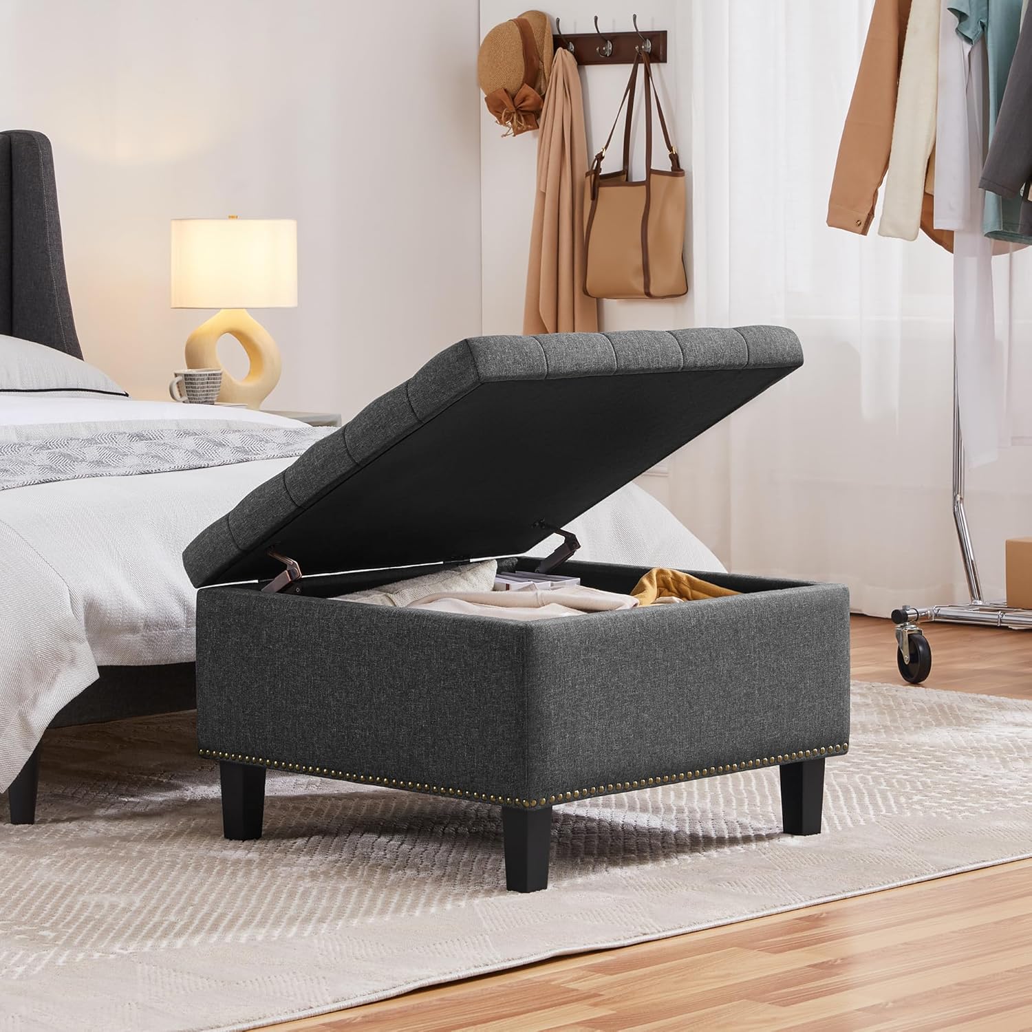 Yaheetech Sitzhocker mit Stauraum, Faltbare Sitztruhe, Aufbewahrungsbox, Fußbank Truhen Fußhocker, Leinen, 90 L, 70,5 x 70,5 x 45 cm, hellgrau