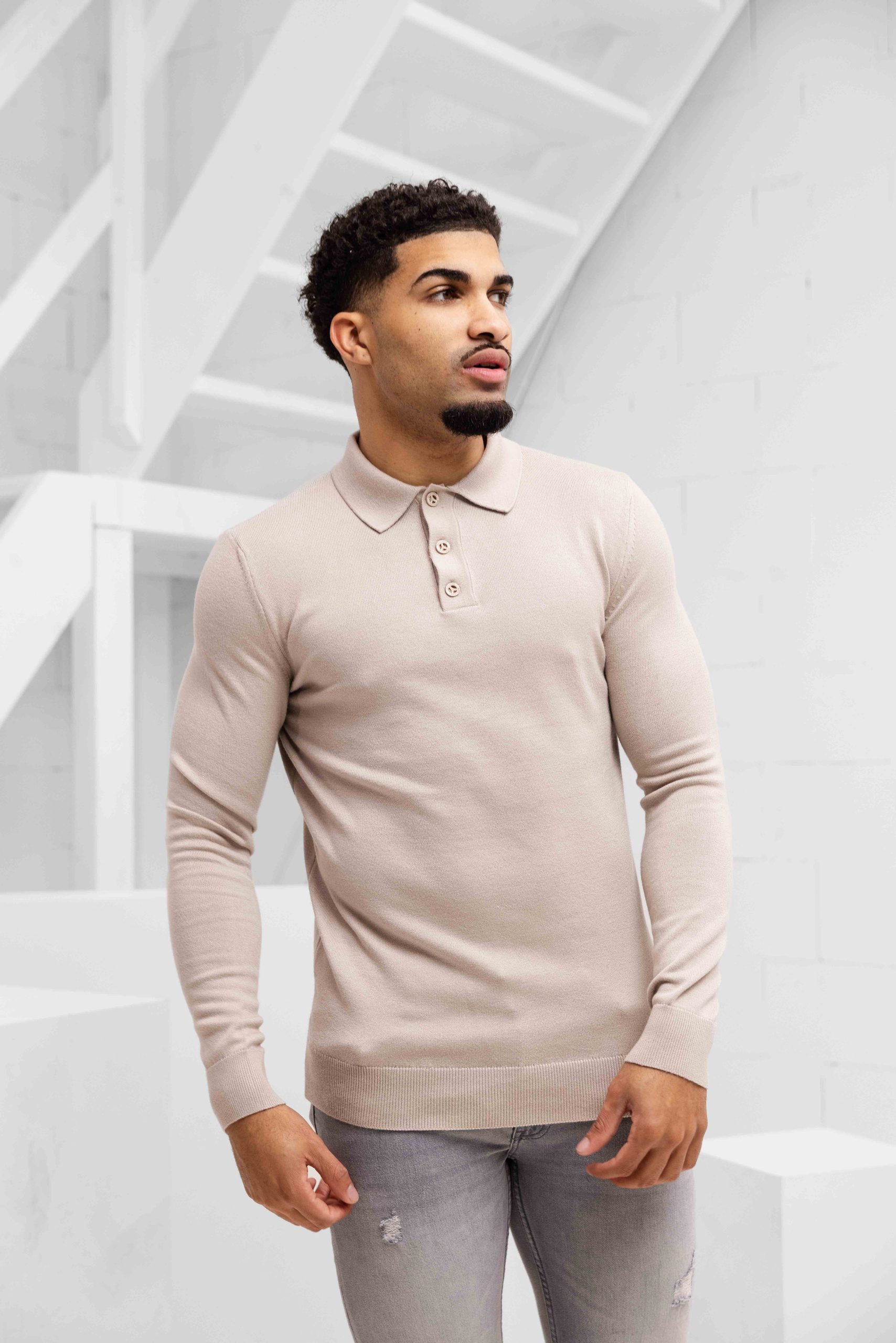 Malelions Knitted Longsleeve Polo Heren Beige
