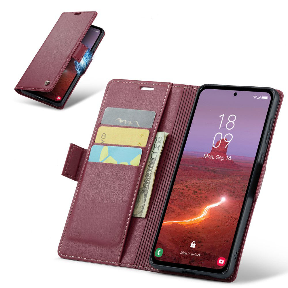 Samsung Galaxy A55 Leder Tasche Flip Wallet Etui mit Kartenfächern Litchi Look (RFID Schutz) - Dunkelrot