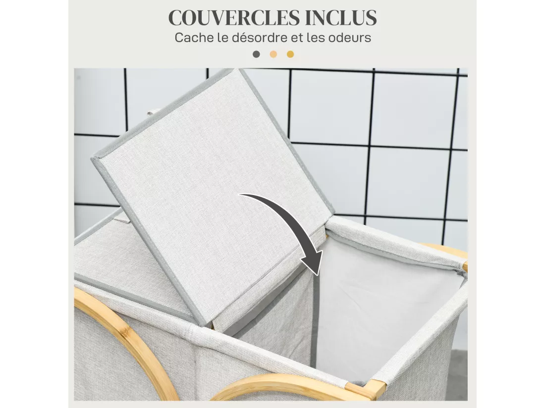 Panier à linge corbeille à linge bac linge sale 2 paniers bambou polyester gris