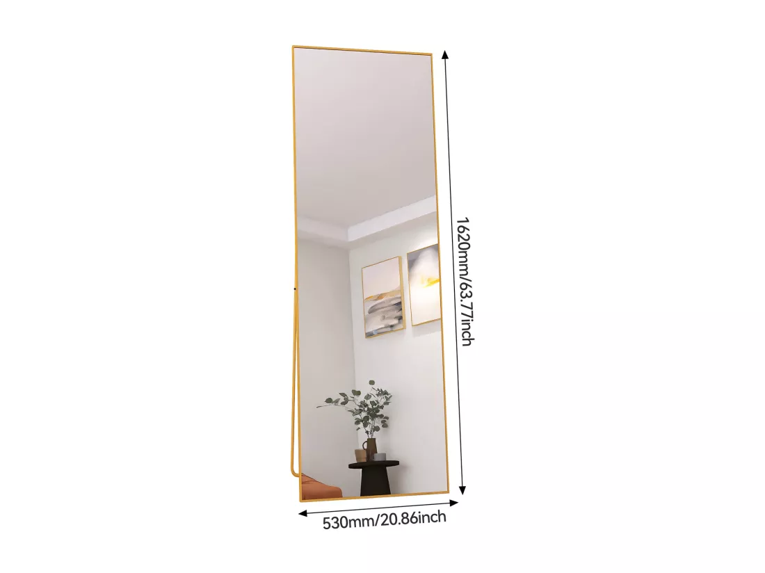 Miroir pleine longueur 162 x 53 cm, sur pied, suspendu ou appuyé, grand miroir de sol avec cadre en alliage d'aluminium doré pour salon ou chambre à coucher, rectangulaire