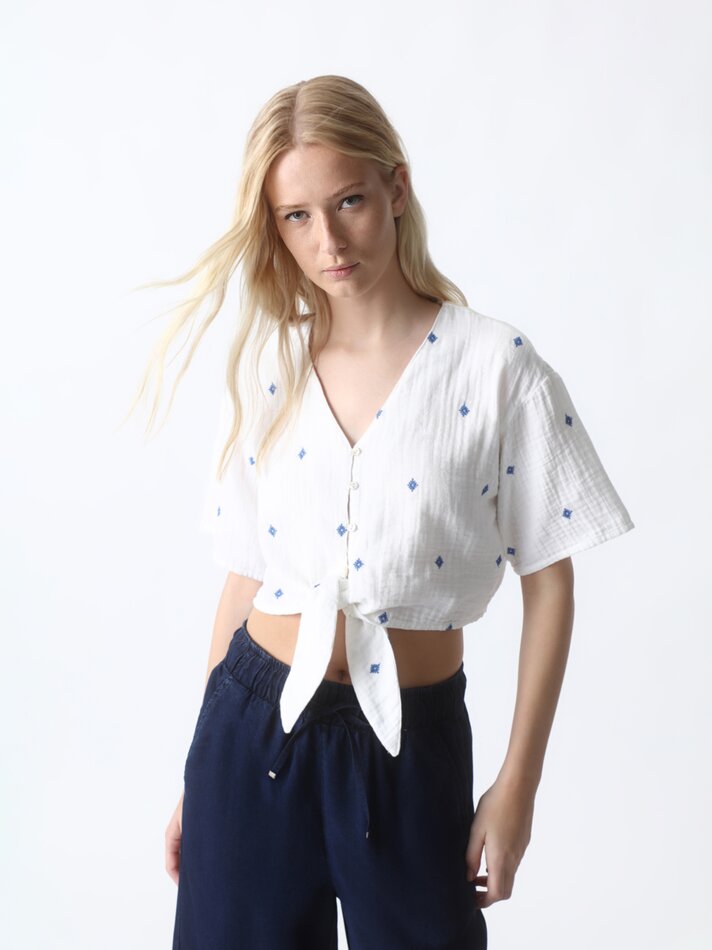 Calças culote em denim leve - Azul-marinho