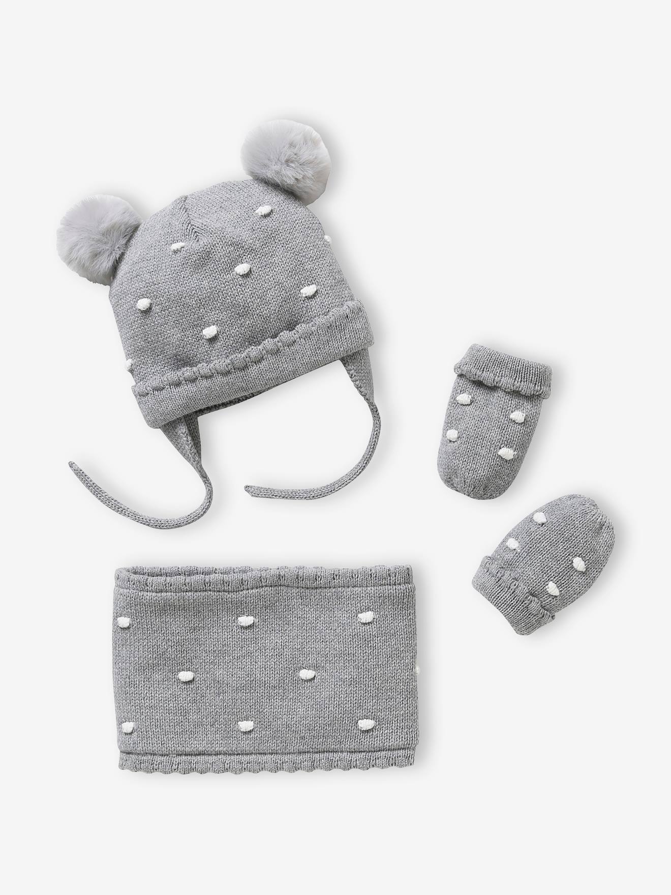 Conjunto de gorro, cachecol e luvas de bolinhas para bebê menina, cinza mescla escuro.