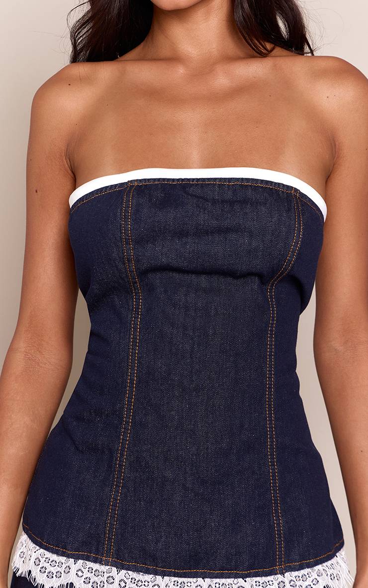 Bleu Indigo Top Bandeau En Denim Avec Détail De Dentelle