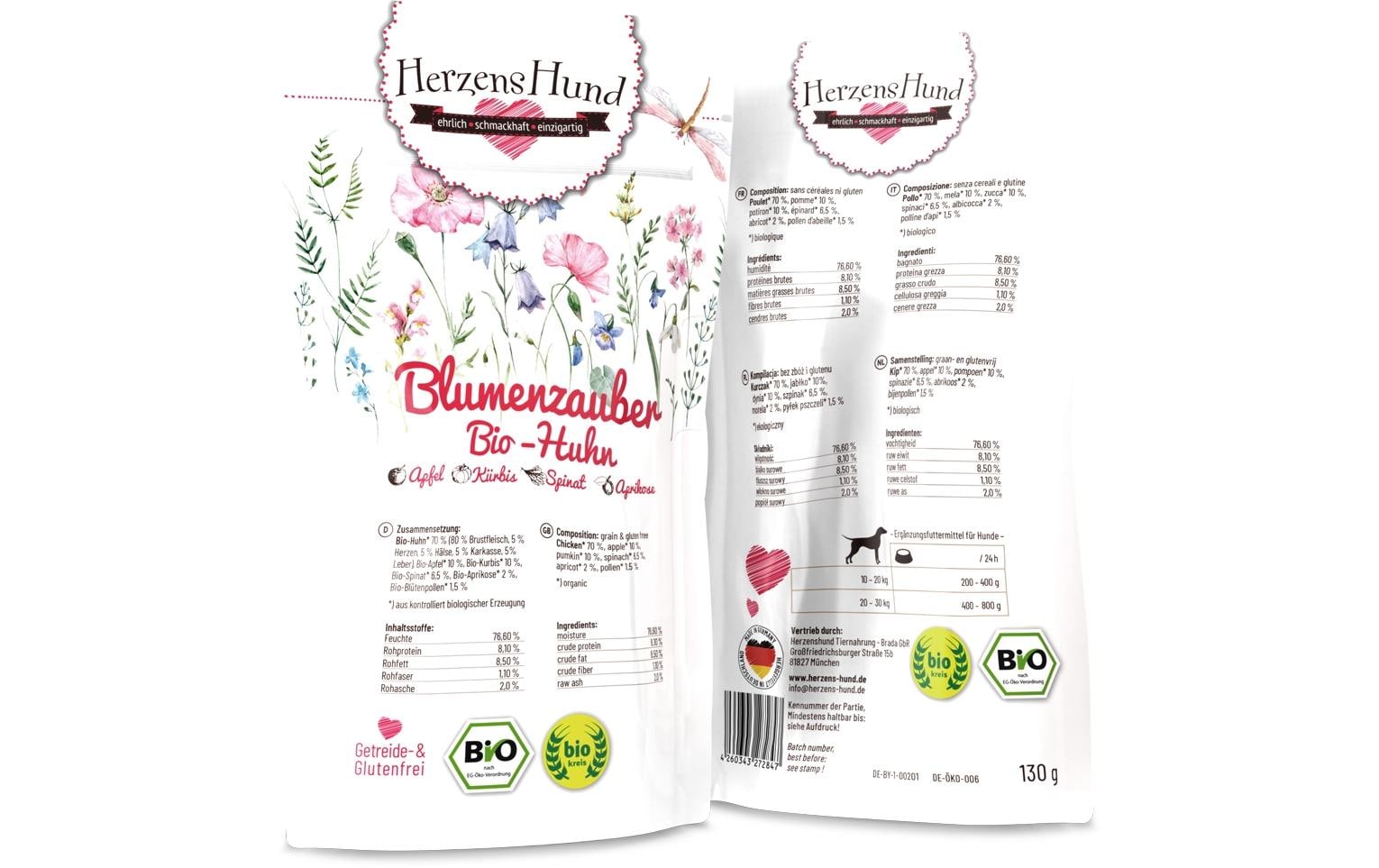 Nassfutter Blumenzauber Bio-Huhn, 130 gPremium Bio-Ergänzungsfuttermittel für erwachsene Hunde