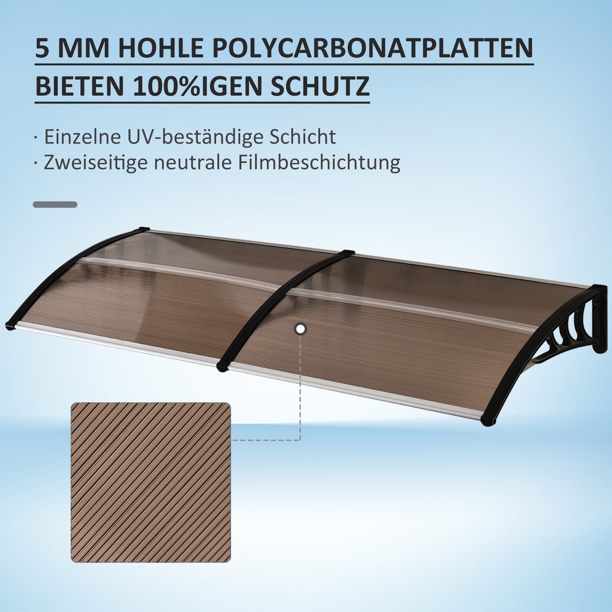 Outsunny Aanbouwluifel voor voordeur 75x195x23 cm Dakbedekking 5mm Polycarbonaat Zonwering Regenbescherming voor buiten Aluminium Bruin