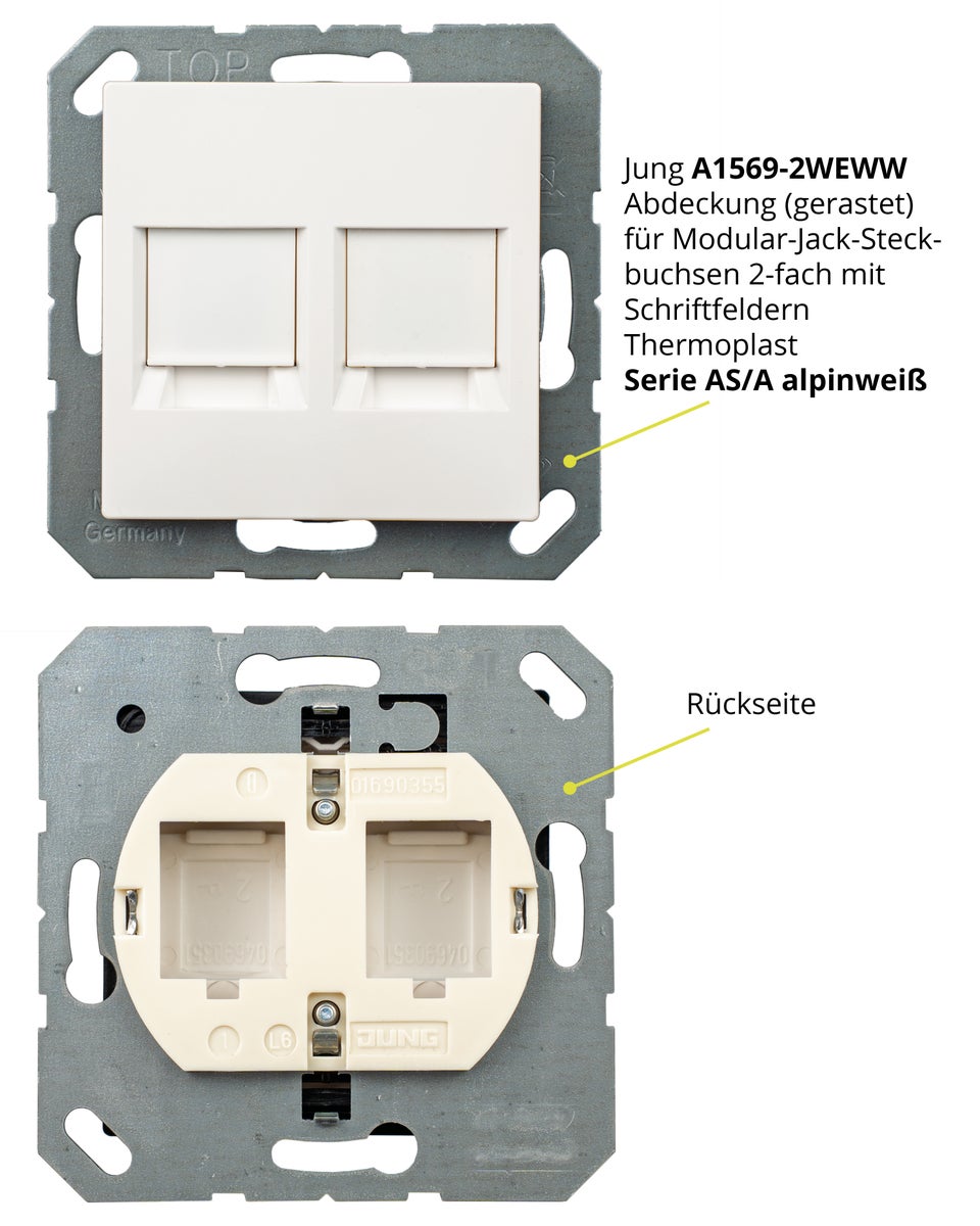 Keystone RJ45 Cat. 6A module incl. Jung Keystone 2-voudige afdekking A1569-2WEWW & 1-voudige afdekplaat AS581WW alpinewit, netwerkaansluiting
