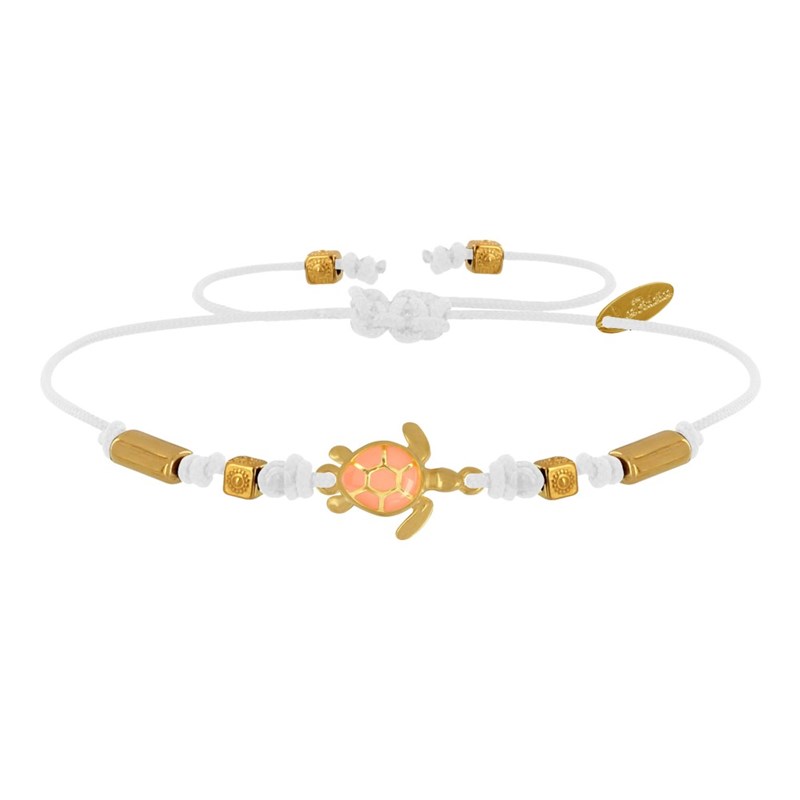 Bracelet Lien Laiton Doré Tortue Émaillé Orange - Blanc