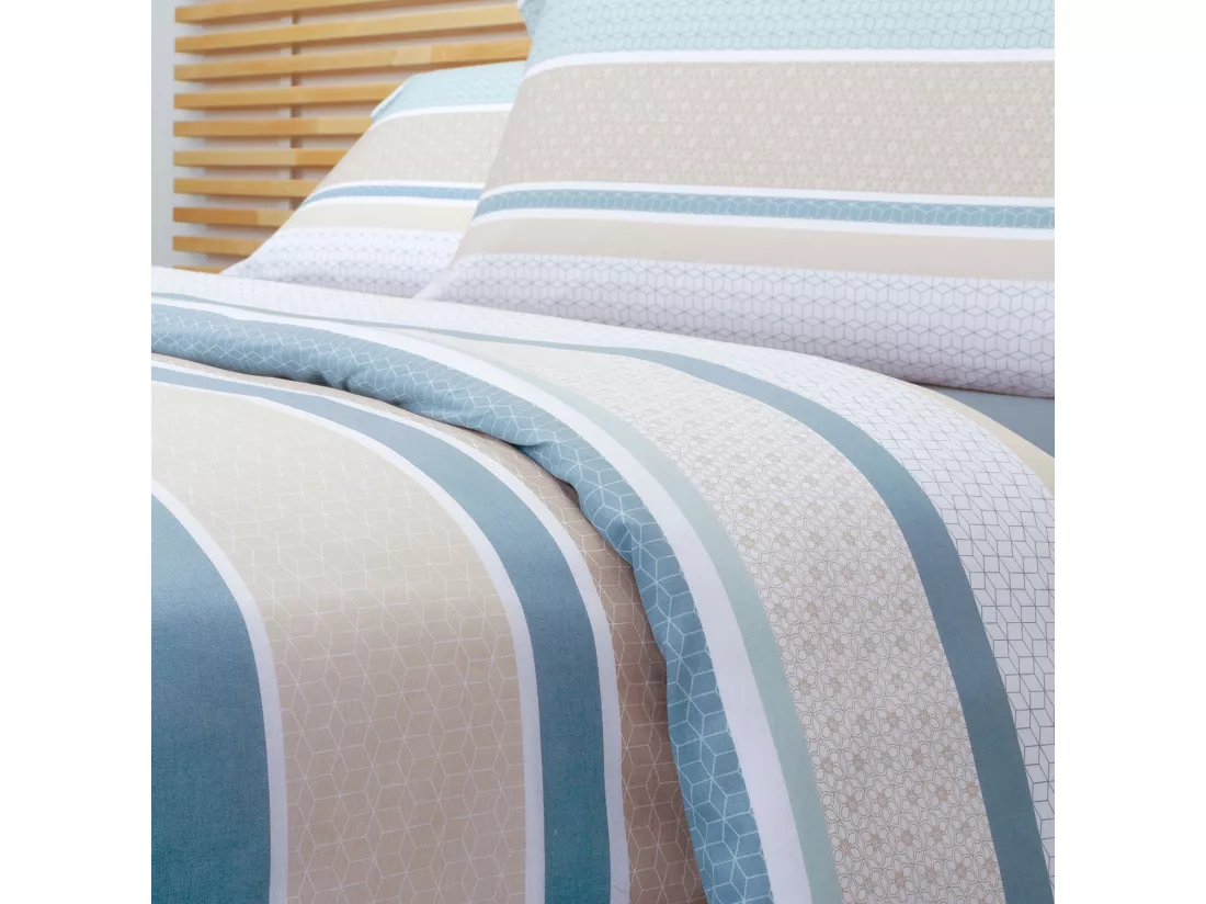 Jeu de housse de couette 50% coton imprimé rayures Bleu