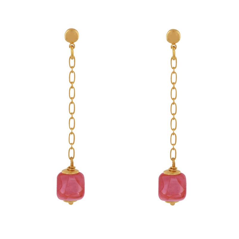 Boucles d'Oreilles Chainette Laiton Doré et Cube en Céramique