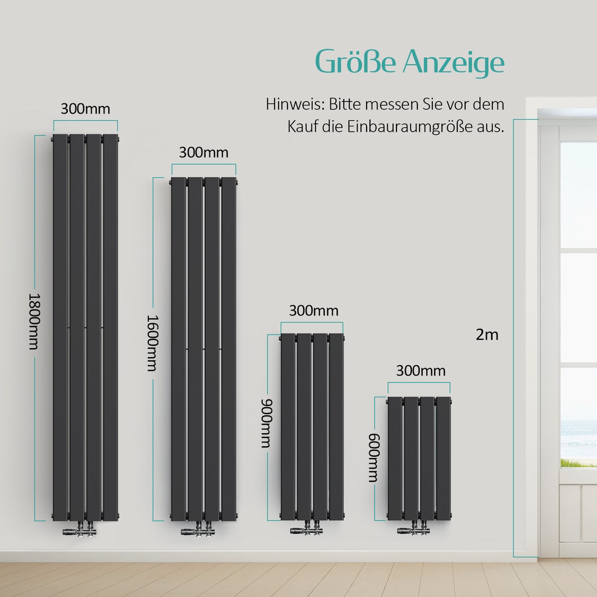 EMKE Radiator 1800 x 300 mm Badkamerradiator Paneelradiator Compacte radiator Verticaal, Dubbellaags Badkamerdesignradiator Middenaansluiting 627W Zwart
