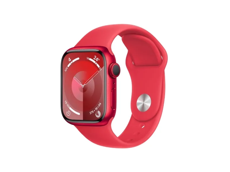[OUTLET] - Apple Watch Series 9 (GPS) - (PRODUCT) RED - 41 mm - rød aluminium - smart ur med sportsbånd - fluoroelastomer - rød - båndstørrelse: S/M - 64 GB - Wi-Fi, Bluetooth, UWB - 31.9 g