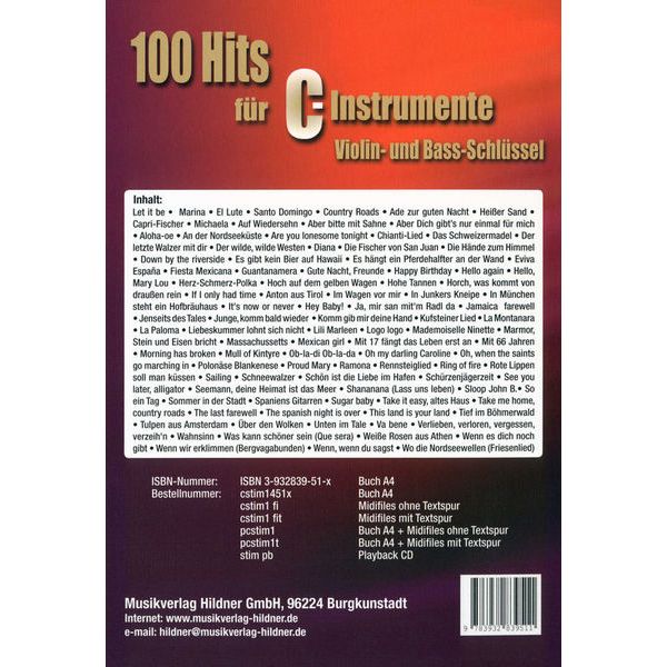 Hildner Musikverlag 100 Hits für C-Instrumente