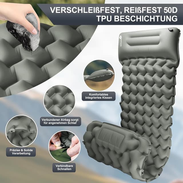 Oppustelig liggeunderlag til camping og vandreture Grå