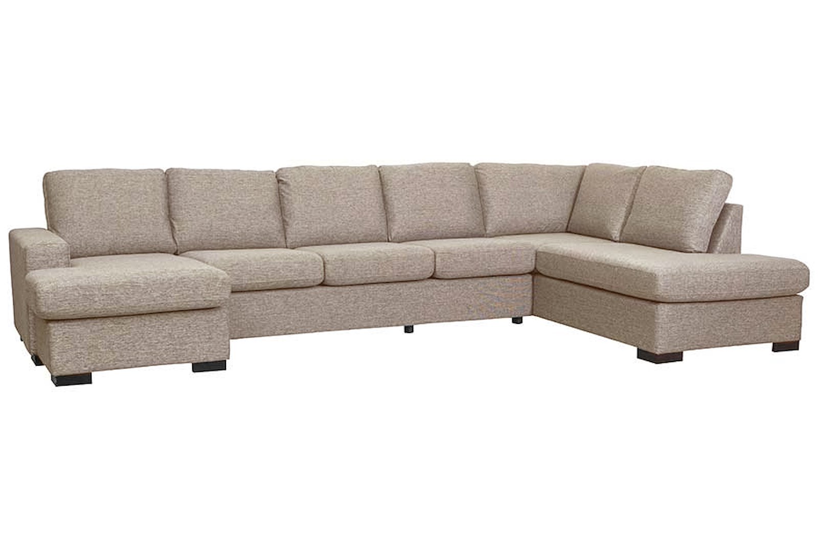 Max U-sofa Åpen ende høyre, 3-seter og sjeselong venstre. I tekstil Hyge 11 beige med sorte ben